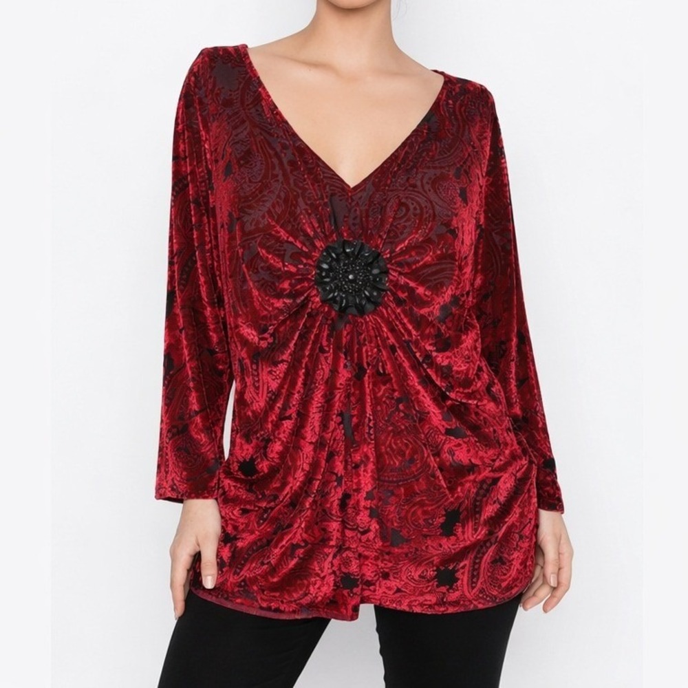 Leebe Tunic Top Women 2X Red Burnout Velvet Paisley Beaded Romantic Gothic Boho